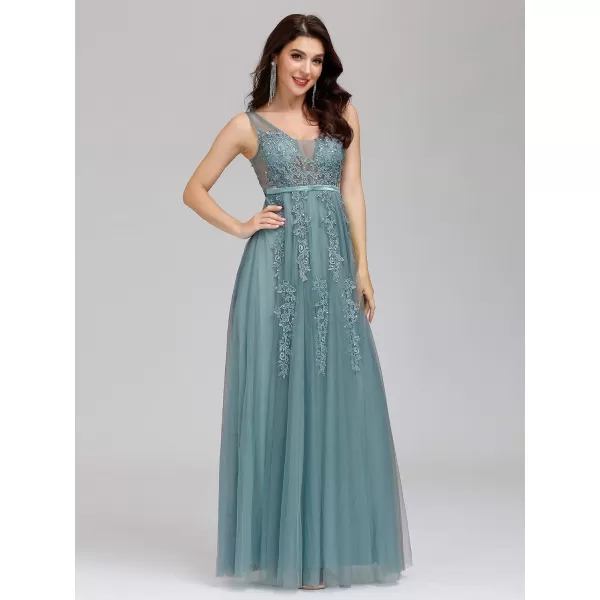 EverPretty Womens VNeck SeeThrough Lace Appliques Tulle Maxi Evening Dress 07543USABlue1