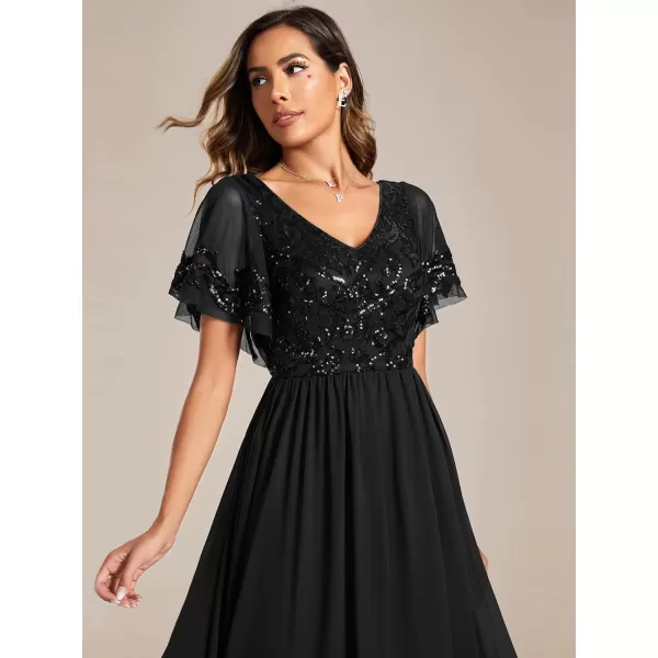 EverPretty Womens VNeck Sequin Applique Ruffles Sleeves Backless ALine Evening Dresses 01583Black