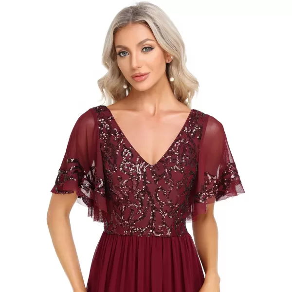 EverPretty Womens VNeck Sequin Applique Ruffles Sleeves Backless ALine Evening Dresses 01583Burgundy