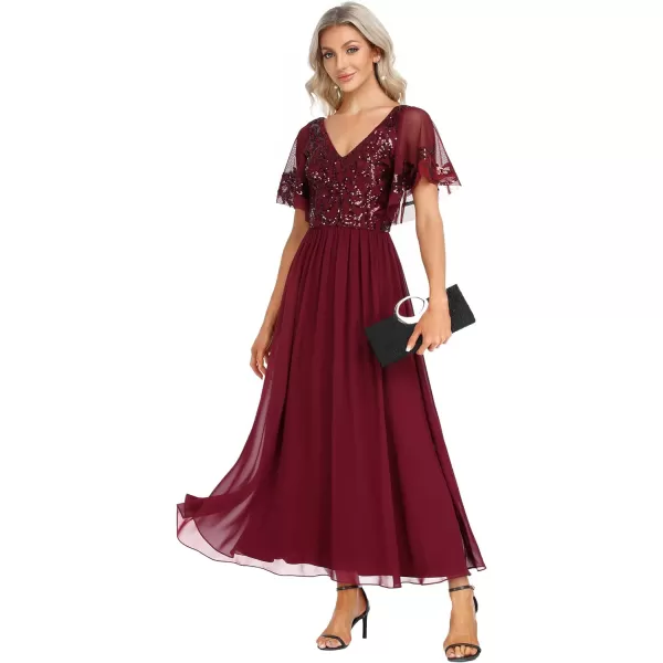 EverPretty Womens VNeck Sequin Applique Ruffles Sleeves Backless ALine Evening Dresses 01583Burgundy