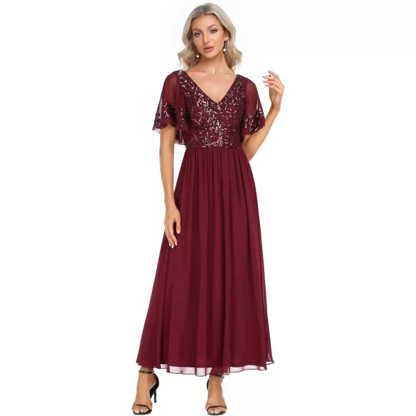 EverPretty Womens VNeck Sequin Applique Ruffles Sleeves Backless ALine Evening Dresses 01583Burgundy