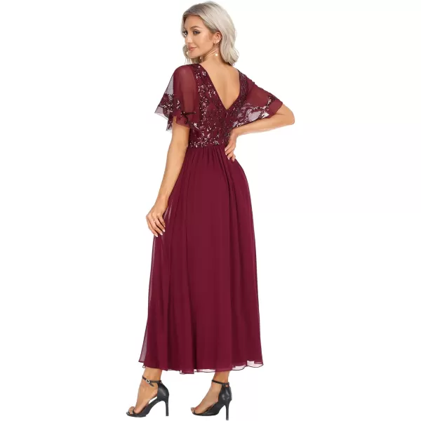 EverPretty Womens VNeck Sequin Applique Ruffles Sleeves Backless ALine Evening Dresses 01583Burgundy