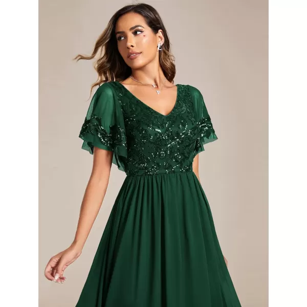 EverPretty Womens VNeck Sequin Applique Ruffles Sleeves Backless ALine Evening Dresses 01583Dark Green