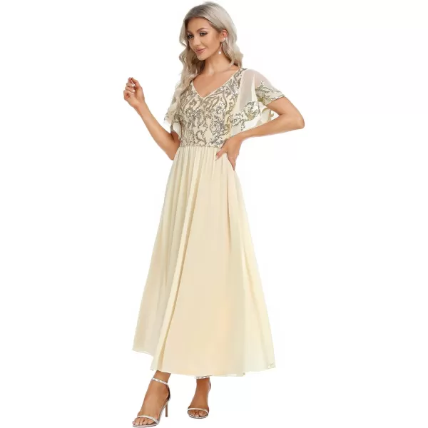 EverPretty Womens VNeck Sequin Applique Ruffles Sleeves Backless ALine Evening Dresses 01583Gold