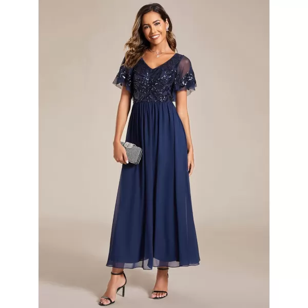 EverPretty Womens VNeck Sequin Applique Ruffles Sleeves Backless ALine Evening Dresses 01583Navy Blue