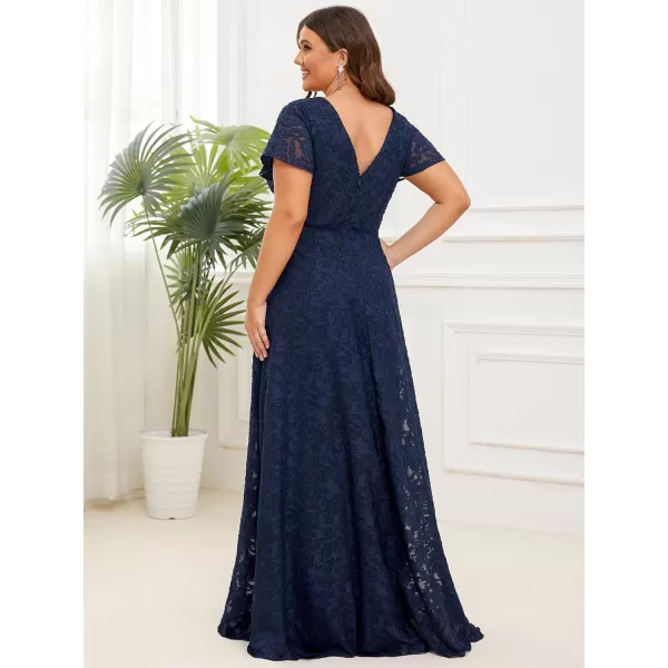 EverPretty Womens VNeck Short Sleeves Full Lace ALine Floor Length Plus Size Maxi Formal Dress 01446PZNavy Blue