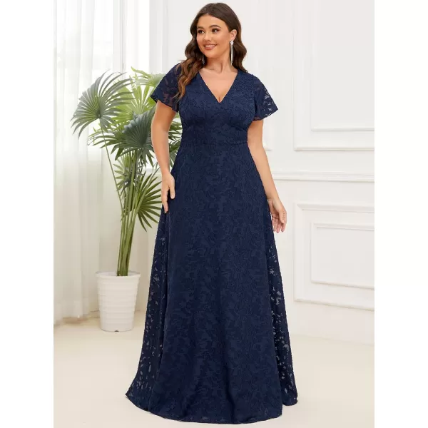 EverPretty Womens VNeck Short Sleeves Full Lace ALine Floor Length Plus Size Maxi Formal Dress 01446PZNavy Blue