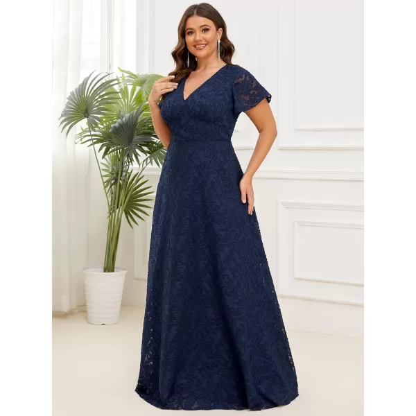 EverPretty Womens VNeck Short Sleeves Full Lace ALine Floor Length Plus Size Maxi Formal Dress 01446PZNavy Blue