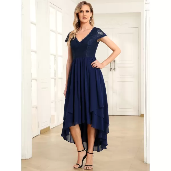 EverPretty Womens VNeck Short Sleeves High Low ALine Chiffon Evening Dresses 0139AUSANavy Blue