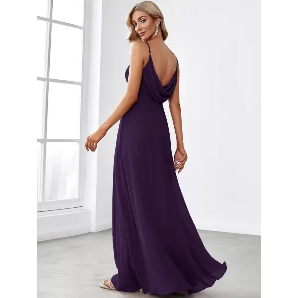 EverPretty Womens VNeck Sleeveless Front Ruched Maxi ALine Wedding Guest Dresses 80026Dark Purple