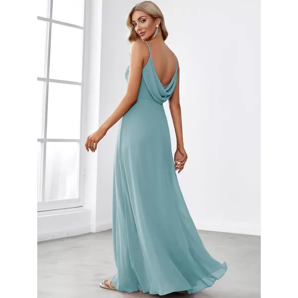 EverPretty Womens VNeck Sleeveless Front Ruched Maxi ALine Wedding Guest Dresses 80026Dusty Blue