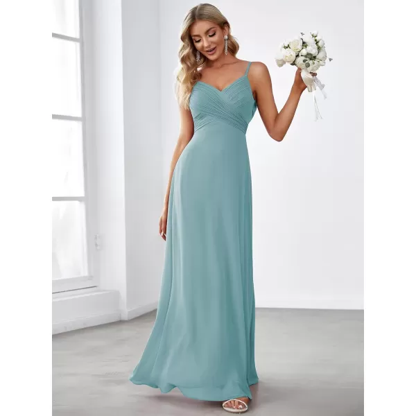 EverPretty Womens VNeck Sleeveless Front Ruched Maxi ALine Wedding Guest Dresses 80026Dusty Blue