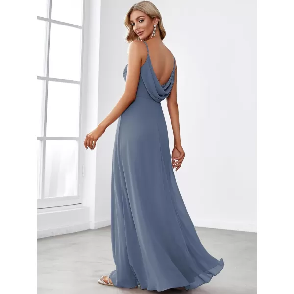 EverPretty Womens VNeck Sleeveless Front Ruched Maxi ALine Wedding Guest Dresses 80026Dusty Navy