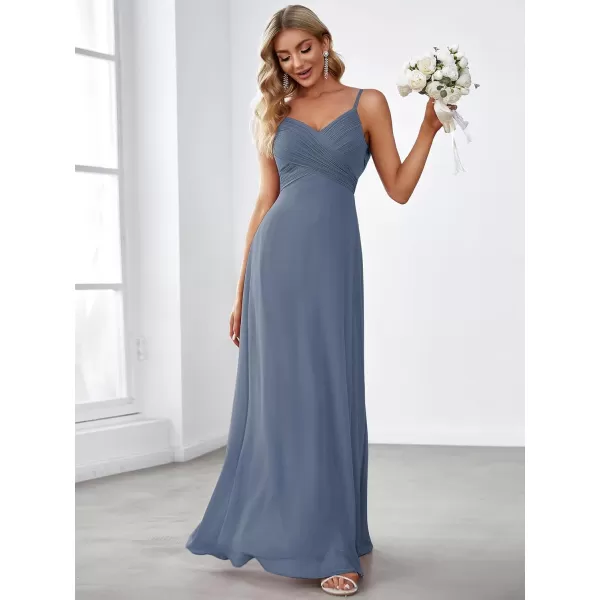 EverPretty Womens VNeck Sleeveless Front Ruched Maxi ALine Wedding Guest Dresses 80026Dusty Navy