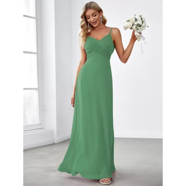 EverPretty Womens VNeck Sleeveless Front Ruched Maxi ALine Wedding Guest Dresses 80026Green Bean