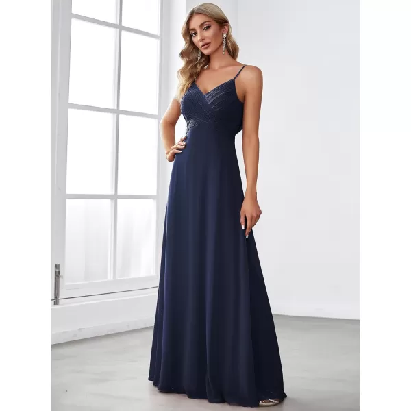 EverPretty Womens VNeck Sleeveless Front Ruched Maxi ALine Wedding Guest Dresses 80026Navy Blue