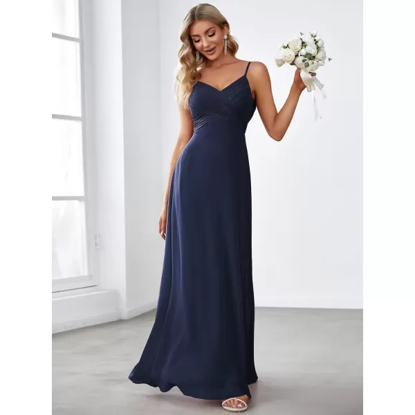 EverPretty Womens VNeck Sleeveless Front Ruched Maxi ALine Wedding Guest Dresses 80026Navy Blue