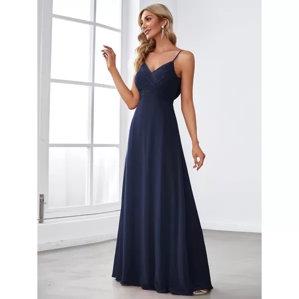 EverPretty Womens VNeck Sleeveless Front Ruched Maxi ALine Wedding Guest Dresses 80026Navy Blue