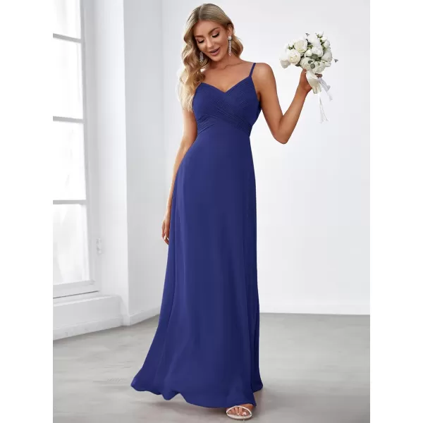 EverPretty Womens VNeck Sleeveless Front Ruched Maxi ALine Wedding Guest Dresses 80026Sapphire Blue