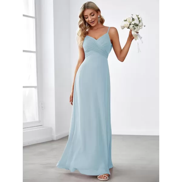 EverPretty Womens VNeck Sleeveless Front Ruched Maxi ALine Wedding Guest Dresses 80026Sky Blue