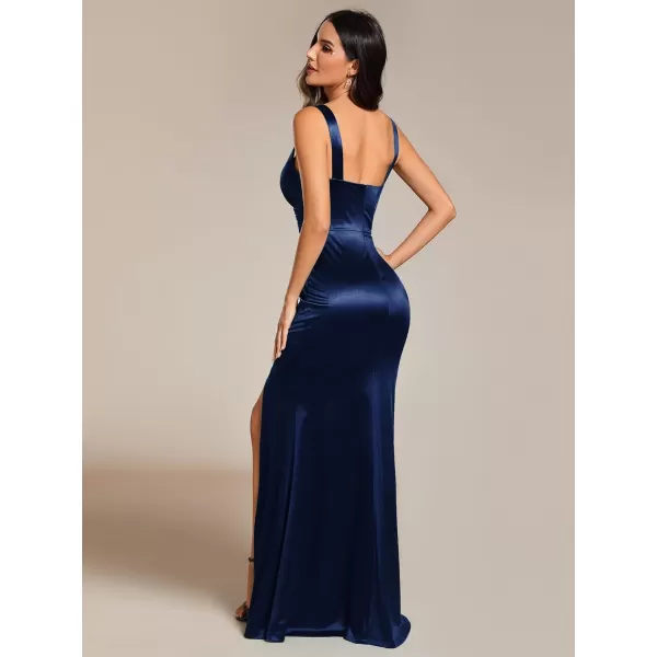 EverPretty Womens VNeck Sleeveless Satin Side Slit Formal Evening Dresses 02107Navy Blue