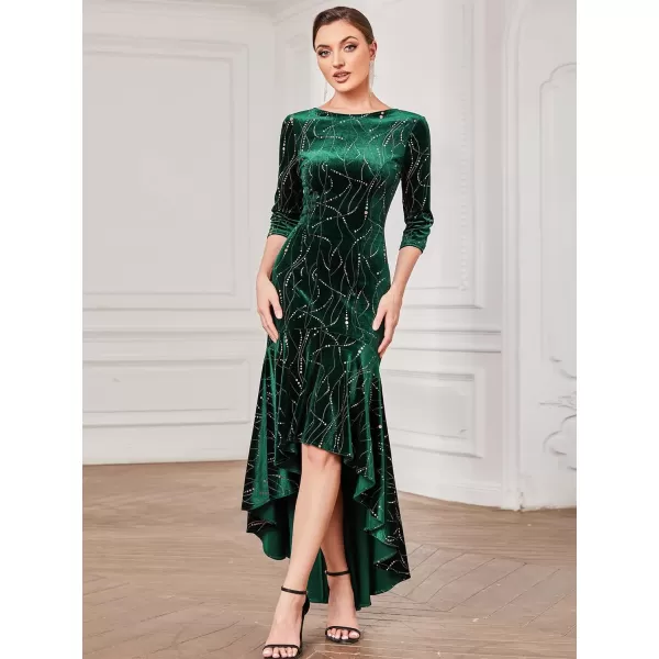 EverPretty Womens Velvet 34 Sleeve HighLow Mermaid Plus Size Gorgeous Evening Dress 0472Dark Green