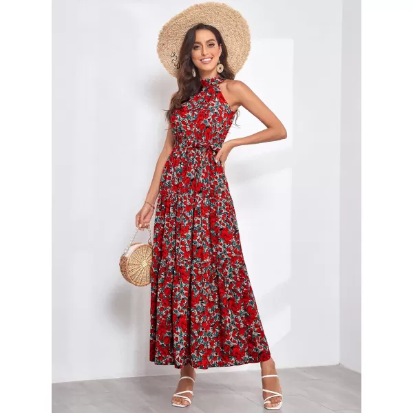 EverPretty Womens Vintage Halter Neck Sleeveless Floral Print Summer Maxi Beach Dresses 40397Red Printed