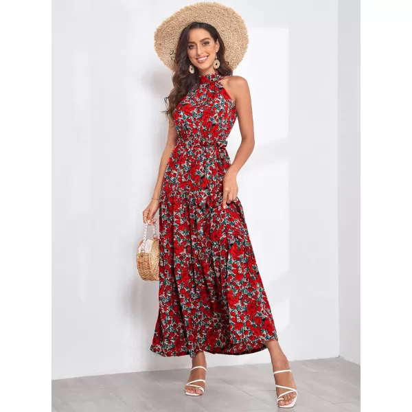 EverPretty Womens Vintage Halter Neck Sleeveless Floral Print Summer Maxi Beach Dresses 40397Red Printed