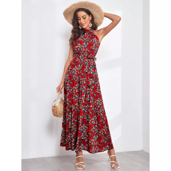 EverPretty Womens Vintage Halter Neck Sleeveless Floral Print Summer Maxi Beach Dresses 40397Red Printed