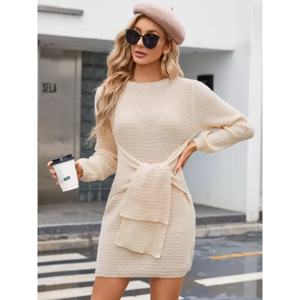 EverPretty Womens Winter Round Neck Long Sleeve Mini Pullover Sweater Dress with Belt 40394Beige