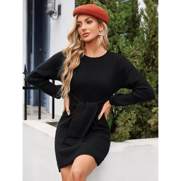 EverPretty Womens Winter Round Neck Long Sleeve Mini Pullover Sweater Dress with Belt 40394Black