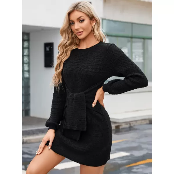 EverPretty Womens Winter Round Neck Long Sleeve Mini Pullover Sweater Dress with Belt 40394Black