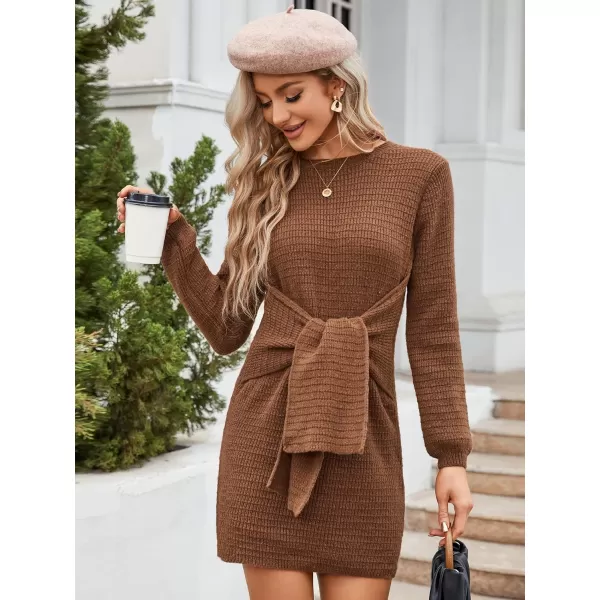 EverPretty Womens Winter Round Neck Long Sleeve Mini Pullover Sweater Dress with Belt 40394Brown