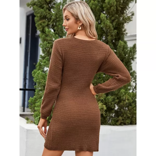 EverPretty Womens Winter Round Neck Long Sleeve Mini Pullover Sweater Dress with Belt 40394Brown