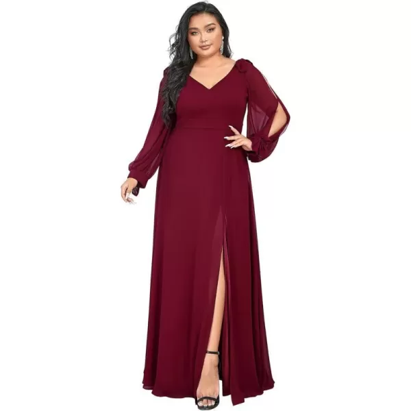 EverPretty Elegant Plus Size Chiffon Long Sleeve Side Slit Formal Dress 80116Burgundy