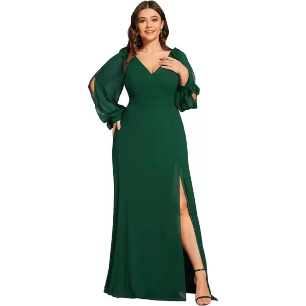 EverPretty Elegant Plus Size Chiffon Long Sleeve Side Slit Formal Dress 80116Dark Green