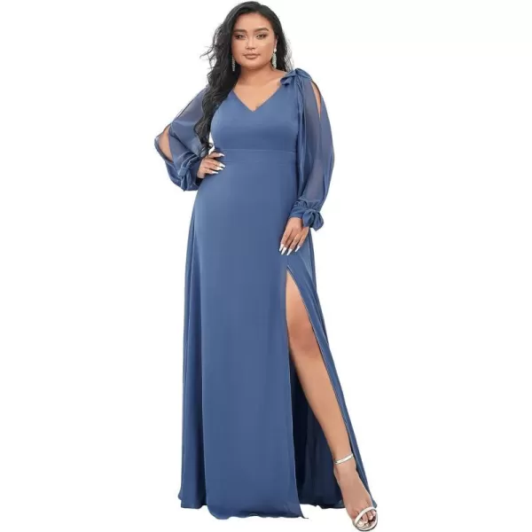 EverPretty Elegant Plus Size Chiffon Long Sleeve Side Slit Formal Dress 80116Haze Blue