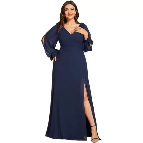 EverPretty Elegant Plus Size Chiffon Long Sleeve Side Slit Formal Dress 80116Navy Blue