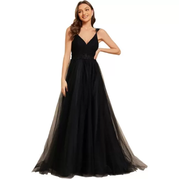 EverPretty Open Back V Neck Aline Lace Bodice Tulle Wedding Dress for Women 0216Black