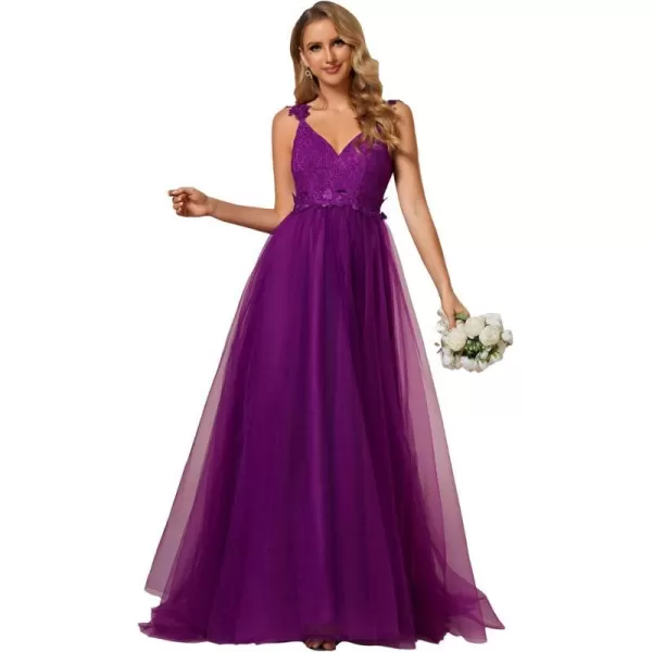 EverPretty Open Back V Neck Aline Lace Bodice Tulle Wedding Dress for Women 0216Purple Wisteria