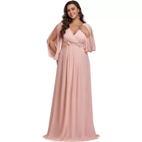 EverPretty Plus Womens A Line Plus Size V Neck Slit Sleeves Applique Prom Gowns Plus Pink US22EverPretty Plus Womens A Line Plus Size V Neck Slit Sleeves Applique Prom Gowns Plus Pink US22