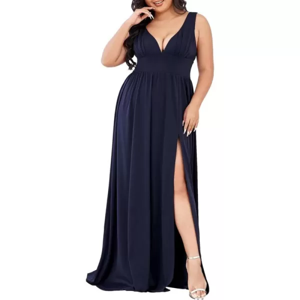 EverPretty Plus Womens Plus Size Maxi High Slit Pleated Sleeveless Formal Dress for Women 0168BDA1Navy Blue