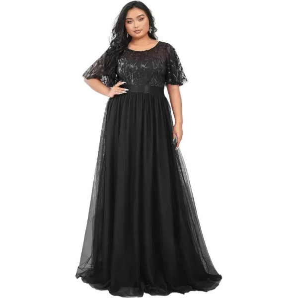 EverPretty Plus Womens Plus Size Round Neck ALine Tulle Sequin Formal Dress Evening Dress 0904DA2Black