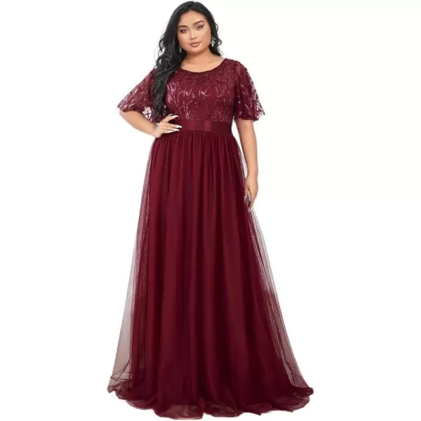 EverPretty Plus Womens Plus Size Round Neck ALine Tulle Sequin Formal Dress Evening Dress 0904DA2Burgundy