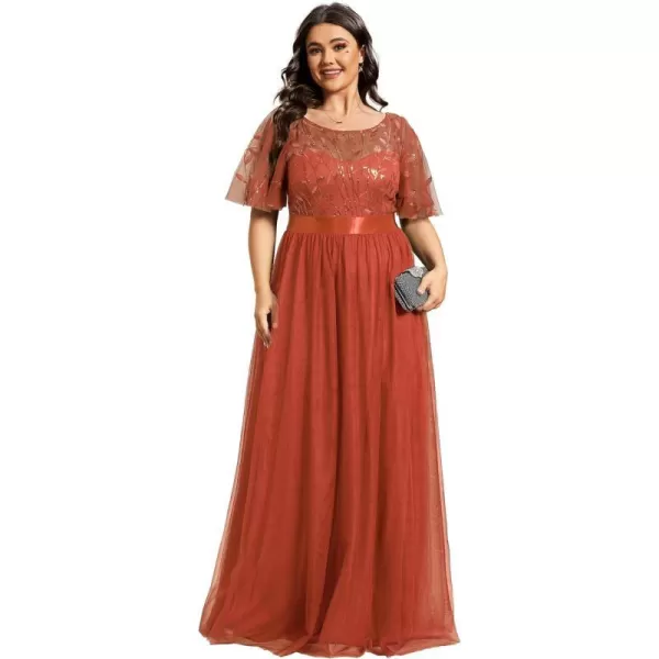 EverPretty Plus Womens Plus Size Round Neck ALine Tulle Sequin Formal Dress Evening Dress 0904DA2Burnt Orange