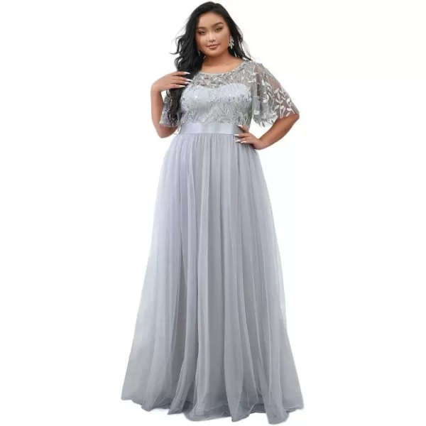 EverPretty Plus Womens Plus Size Round Neck ALine Tulle Sequin Formal Dress Evening Dress 0904DA2Gray