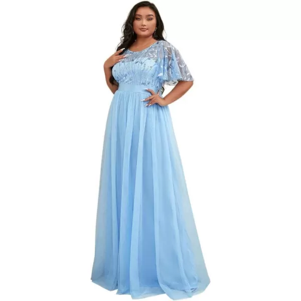 EverPretty Plus Womens Plus Size Round Neck ALine Tulle Sequin Formal Dress Evening Dress 0904DA2Sky Blue