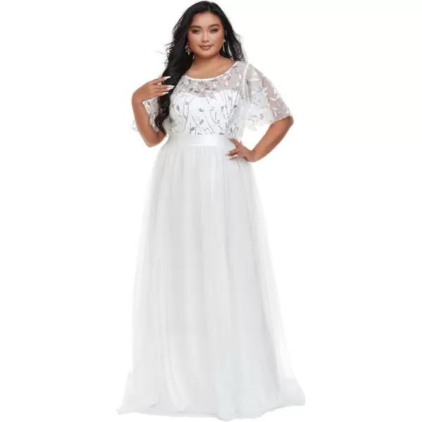 EverPretty Plus Womens Plus Size Round Neck ALine Tulle Sequin Formal Dress Evening Dress 0904DA2White