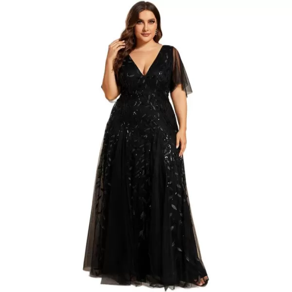 EverPretty Plus Womens Plus Size V Neck A Line Sequin Tulle Formal Dress 0734DABlack