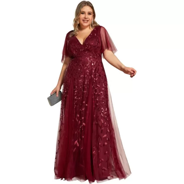 EverPretty Plus Womens Plus Size V Neck A Line Sequin Tulle Formal Dress 0734DABurgundy